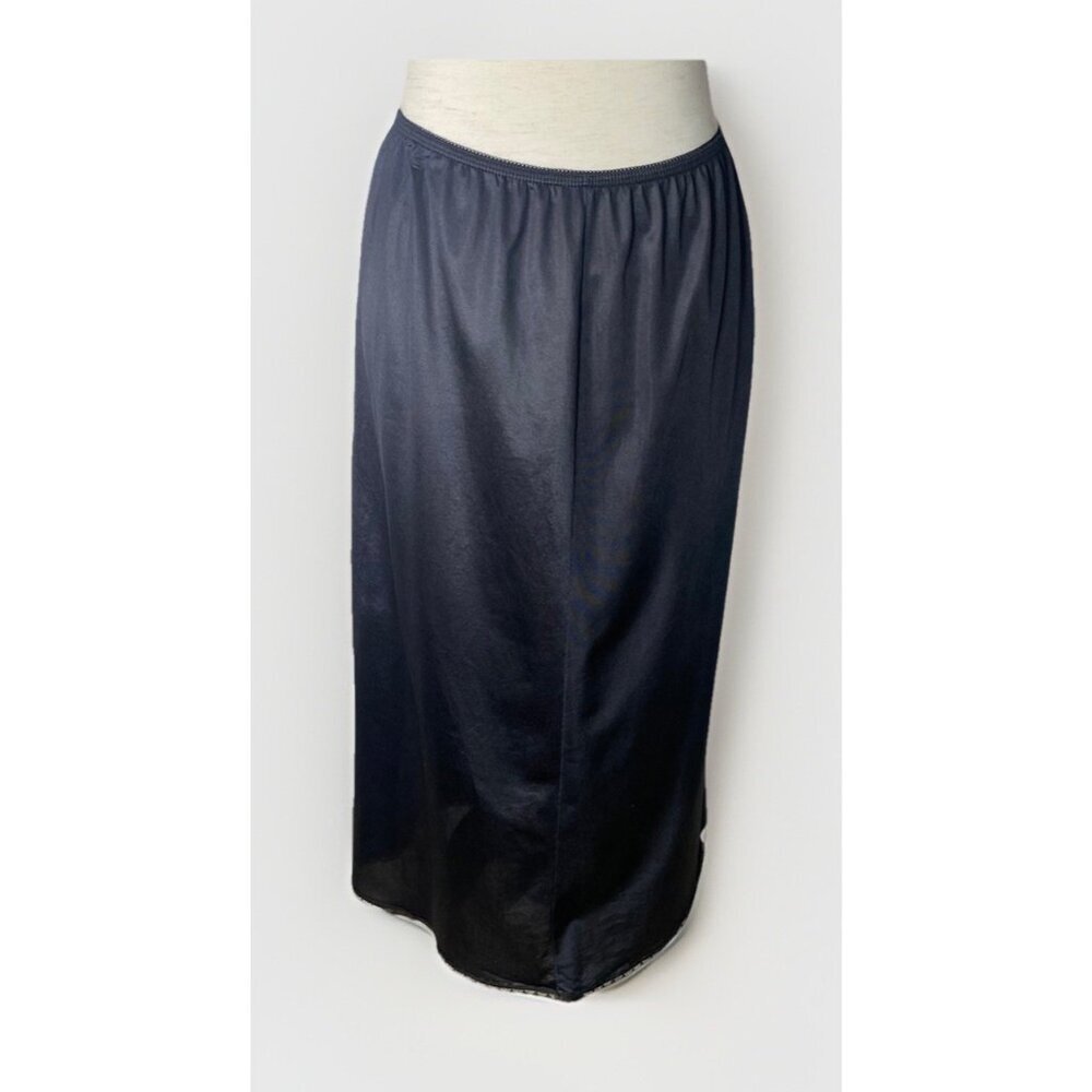 Vintage Wondermaid Black Satin Nylon Half Slip L Midi Length Slit USA Pin Up